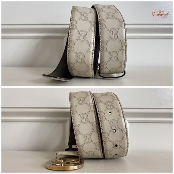Authentic Gucci Cream Guccissima Leather Gold Interlocking G Buckle Belt 85/34 - Picture 8 of 13